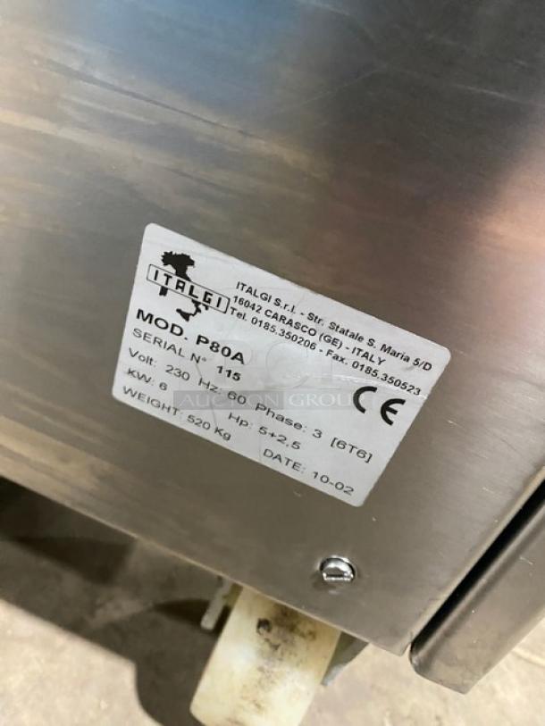 Italgi P80A commercial pasta extruder, stainless steel, electric-powered, 230V 3-phase, on legs with casters, serial 115.