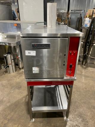 Vulcan commercial stainless steel gas convection steamer on stand, single undershelf, on legs, used condition, item 53.
