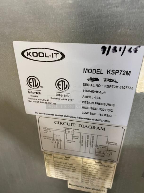 Label on Kool-It KSP72M prep table showing model number, serial number, electrical specifications, and certifications.