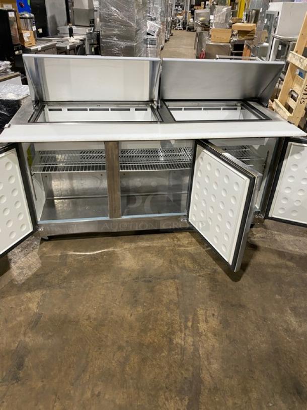 Kool-It Ikon Series 3-Door Stainless Steel Prep Table, Model KSP72M, with cutting board, poly-coated rack, on casters.