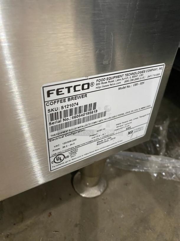 Stainless steel Fetco CBS-62H coffee brewer, 3-gal twin, electric, hot water dispenser, Model: CBS62H SN: 660540195619.