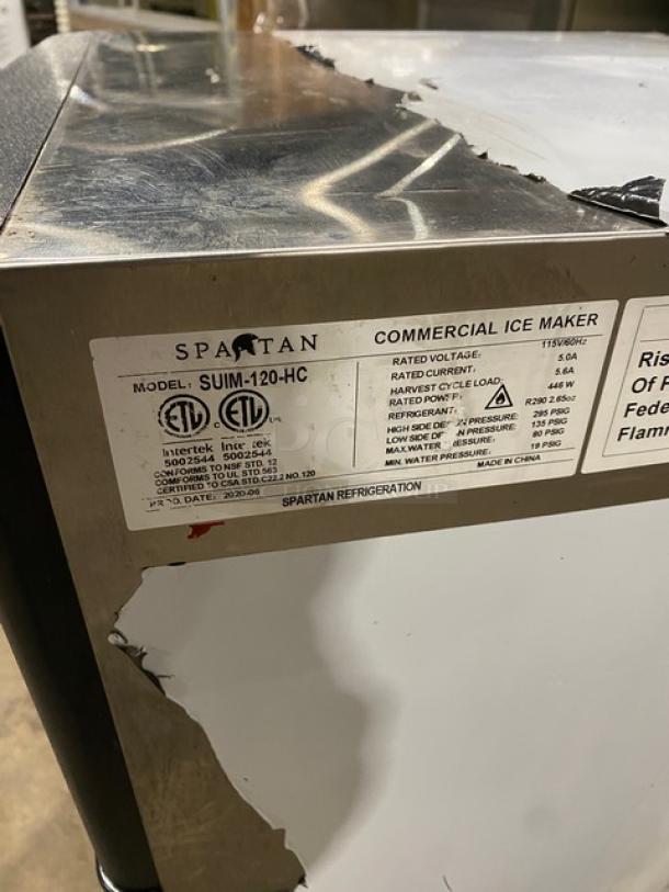 Spartan SUIM-120-HC commercial stainless steel ice maker, air-cooled, 115V, electric-powered, visible model label.