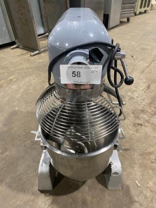 Black Diamond BDPM-20 commercial 20 Qt. planetary mixer, stainless steel bowl guard, mixing bowl, flat beater attachment, model BDPM-20, SN: 1908200, 120V 1 Phase, on legs.