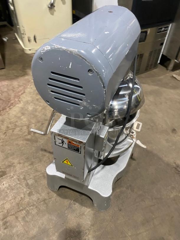 Black Diamond BDPM-20 planetary mixer, 20 qt. capacity, stainless steel bowl guard, flat beater, 120V, on legs, used condition.