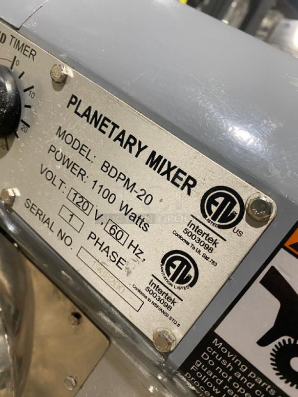 Black Diamond BDPM20 planetary mixer, 20 Qt., stainless steel bowl guard, 120V, 1-phase, 1100 watts, includes flat beater.