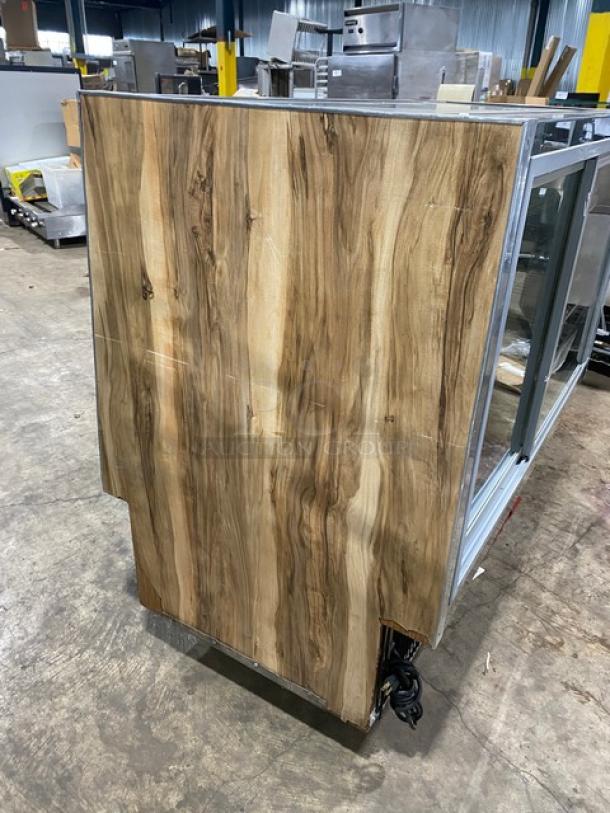 Marc SQBCR-59 refrigerated bakery display case, wooden style, 59" flat glass, poly-coated wired rack, rear sliding doors.