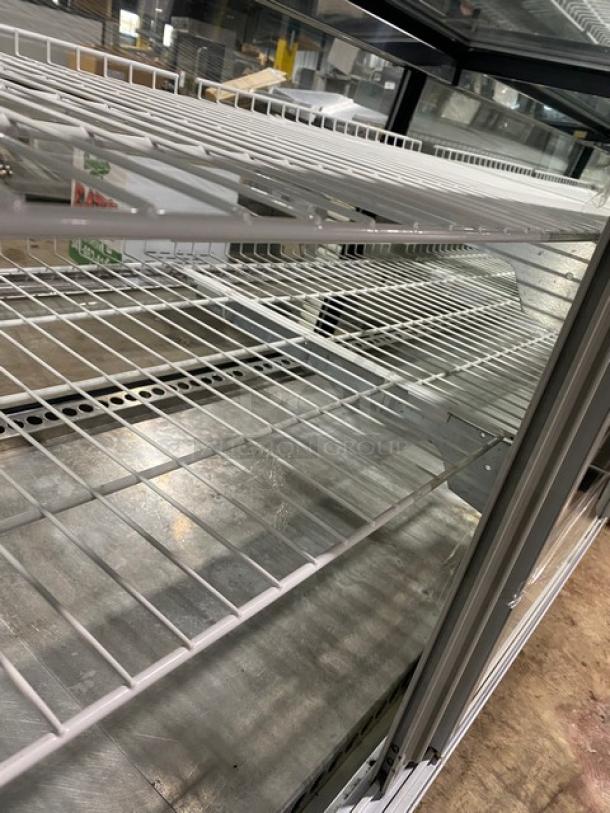 Marc Wooden Style 59" Flat Glass Refrigerated Bakery Display, Model SQBCR59, rear sliding doors, poly coated racks.