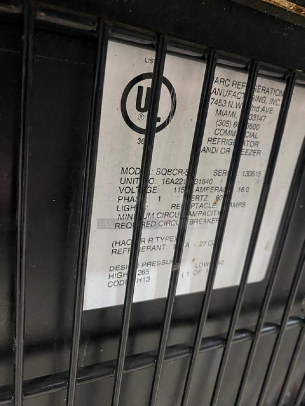 Marc Model SQBCR-59 bakery display case label with specifications: 115V, 1 Phase, Serial 130615, made in Miami, FL.