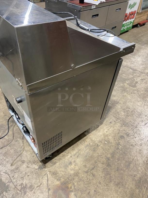 Atosa 2021 commercial stainless steel refrigerated prep table, model MSF8305GR, with poly-coated wire rack, on casters.