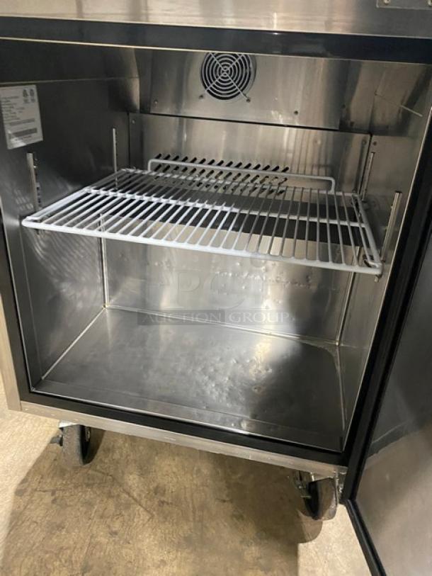 Atosa MSF8305GR refrigerated prep table, stainless steel, single door, poly coated rack, on casters, 115V, 2021 model.