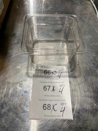 Winco SP7604 clear polycarbonate 1/6 size food pan, 4" deep, new condition, on stainless steel surface with auction details.