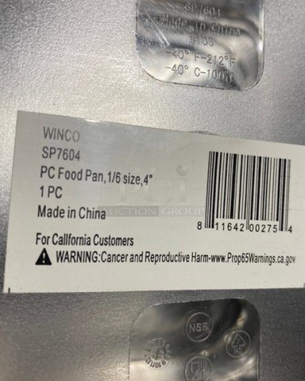 Winco SP7604 clear polycarbonate 1/6 size 4" deep food pan, new condition. Label indicates model, size, and Prop 65 warning.