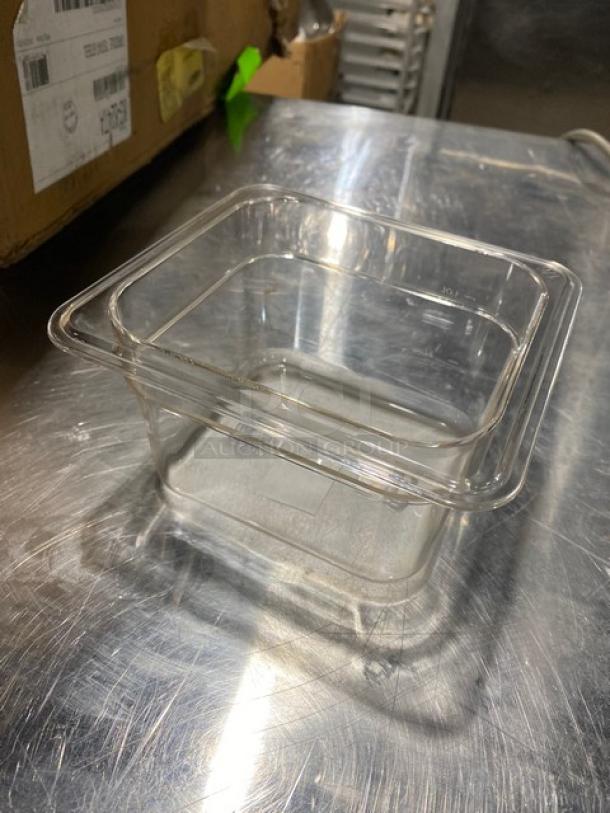 Winco SP7604 clear polycarbonate 1/6 size food pan, 4" deep, new condition. Ideal for commercial kitchen use.