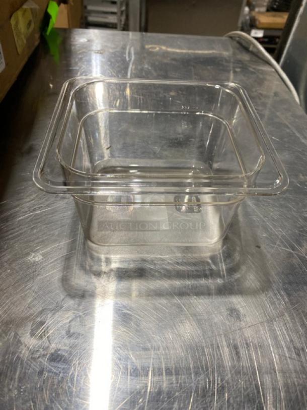 Winco SP7604 clear polycarbonate 1/6 size food pan, 4" deep, new condition. Ideal for commercial kitchen use.
