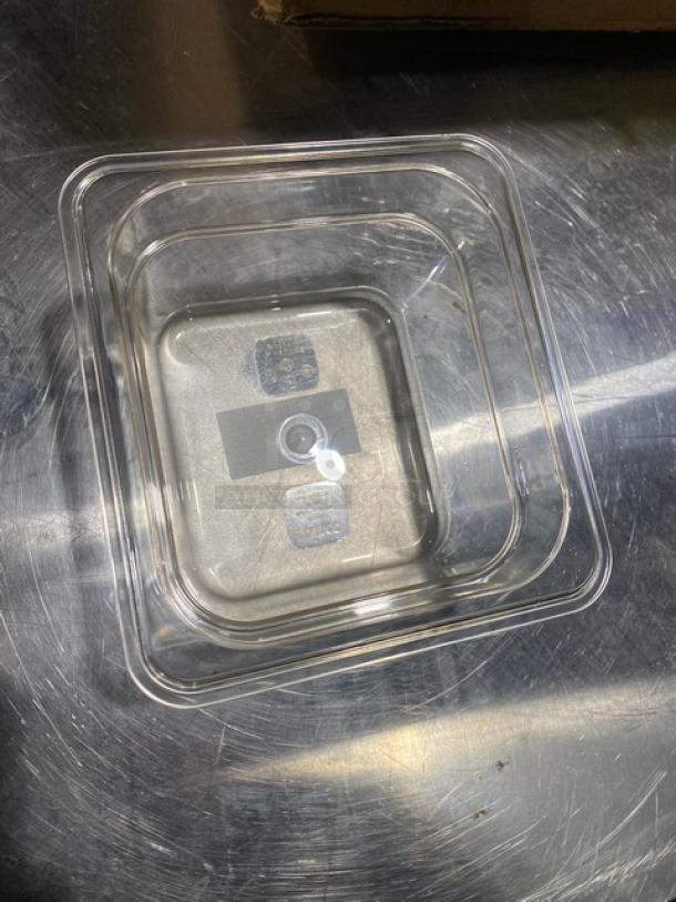 Winco SP7604 clear polycarbonate food pan, 1/6 size, 4" deep, new condition. Model SP7604. Ideal for commercial use.