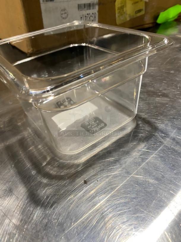 Winco SP7604 clear polycarbonate food pan, 1/6 size, 4" deep, new condition, ideal for commercial use.