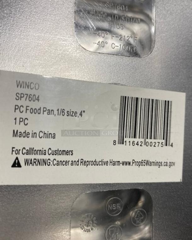 Winco SP7604 1/6 Size 4" Deep Food Pan, clear polycarbonate, new condition, with barcode and warning label visible.