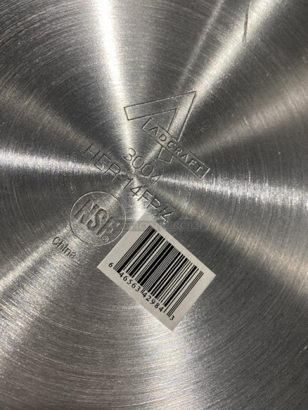 Adcraft Hercules 14" Aluminum Fry Pan, Model HER14FP4, NSF certified, natural finish, red grip handle, new condition.