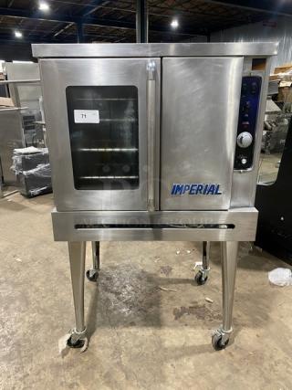 Imperial stainless steel gas convection oven, single stack, wired rack, on casters, view window, excellent condition.