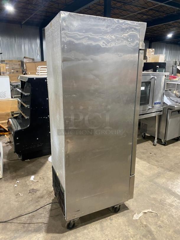 Entree CR1-ES stainless steel single door fridge, Energy Star certified, poly coated rack, 115V, on casters, used condition.