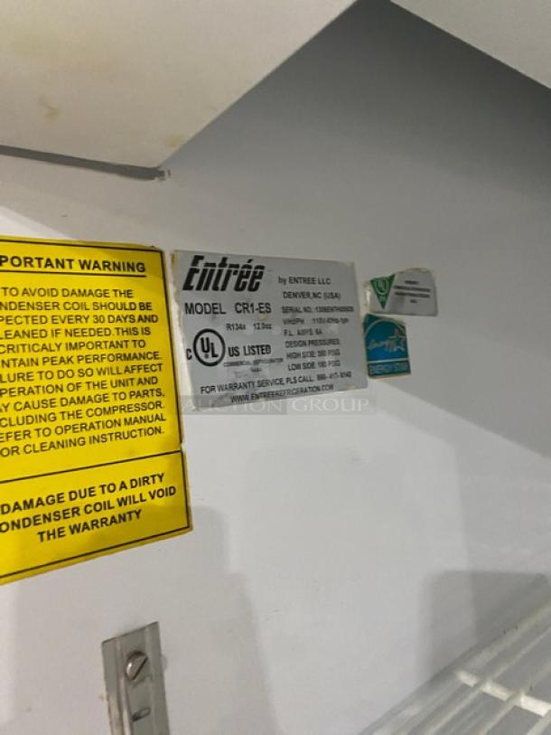 Entree CR1-ES stainless steel fridge label. Energy Star and UL Certified. Includes care instructions and warranty info.