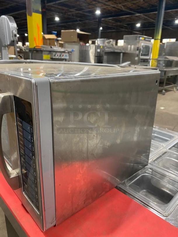 Turbo Air Radiance stainless steel commercial microwave, model TMW1100NE, with digital controls and legs, 120V, used condition.