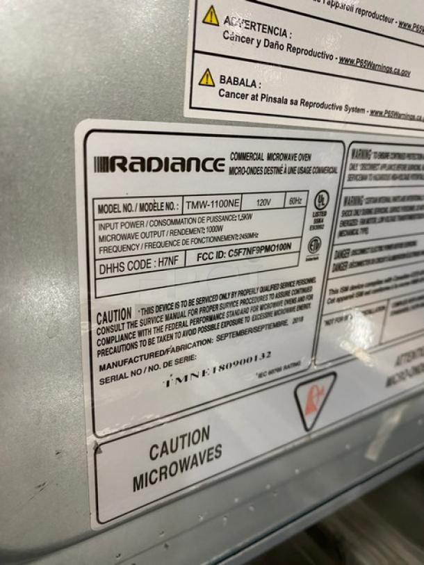 Turbo Air Radiance TMW-1100NE commercial microwave, stainless steel, digital control, model info, 120V, SN: TMNE180900132.