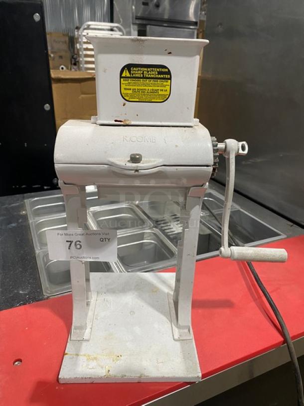Weston Commercial white cast aluminum manual meat cuber/tenderizer with crank bar; good condition, countertop design.