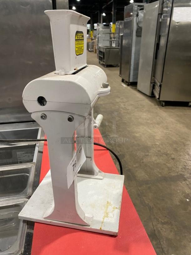 Weston Commercial white cast aluminum manual countertop meat cuber/tenderizer with crank bar, in good condition.