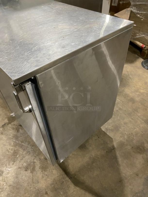 GlasTender Commercial Stainless Steel 2 Door Low Profile 60" Refrigerated Back Bar Cabinet, Model LP60L6SSLL, on legs.