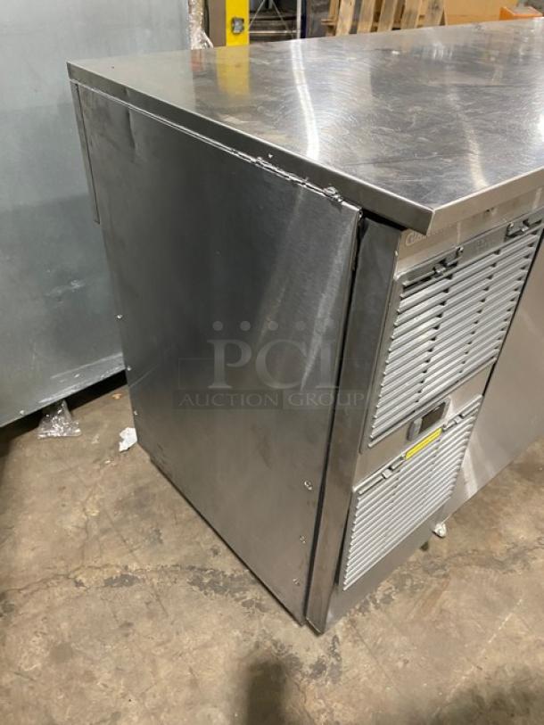 GlasTender stainless steel 2-door refrigerated back bar cabinet, model LP60L6SSLL, with poly coated rack, on legs.