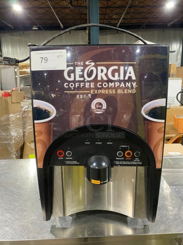 Bunn LCC2LP dual-flavor liquid coffee dispenser, black, with hot water dispenser. Includes model and serial markings. 120V, 1 phase.