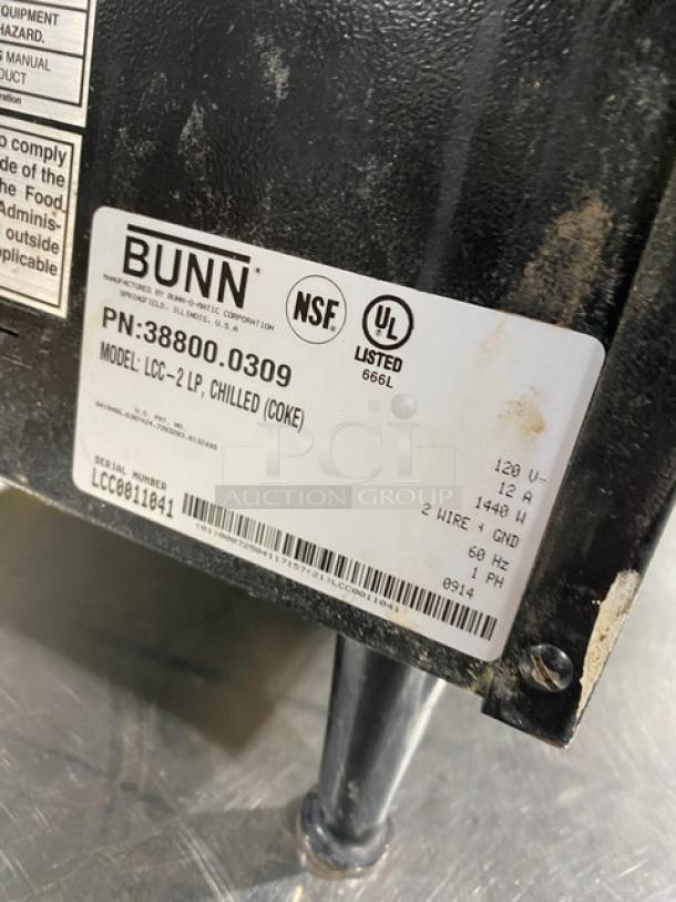 Bunn LCC2LP Dual-Flavor Liquid Coffee Dispenser with Hot Water. Model LCC-2LP, SN: LCC0011041, 120V, 1 Phase, on legs.