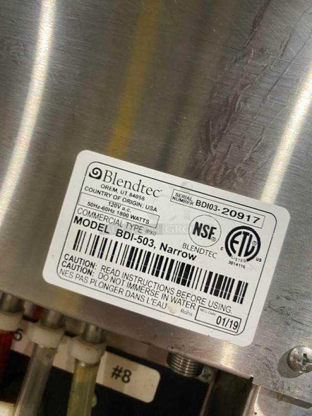 Blendtec BDI-503 commercial blender label, stainless steel, 120V, 1800W, NSF certified, model BDI-503, SN: BDI03-20917.