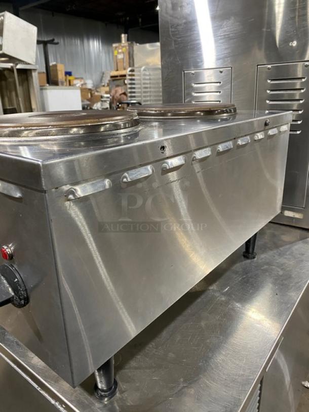 Cecilware commercial stainless steel dual burner hot plate on legs; electric-powered, countertop design, in good condition.