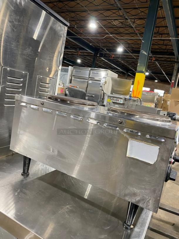 Cecilware commercial stainless steel dual burner hot plate, electric-powered, countertop model with legs.