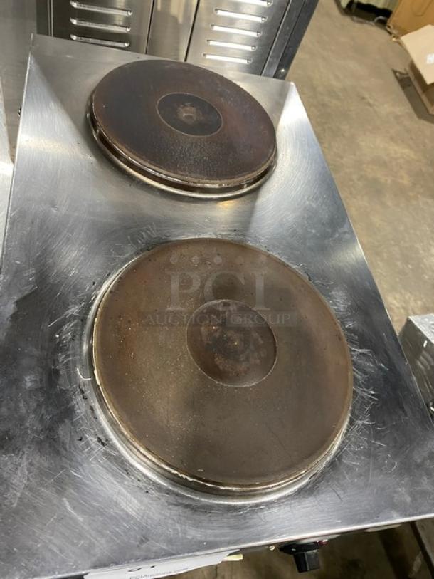 Cecilware commercial stainless steel dual burner hot plate, electric-powered, countertop design, on legs, used condition.