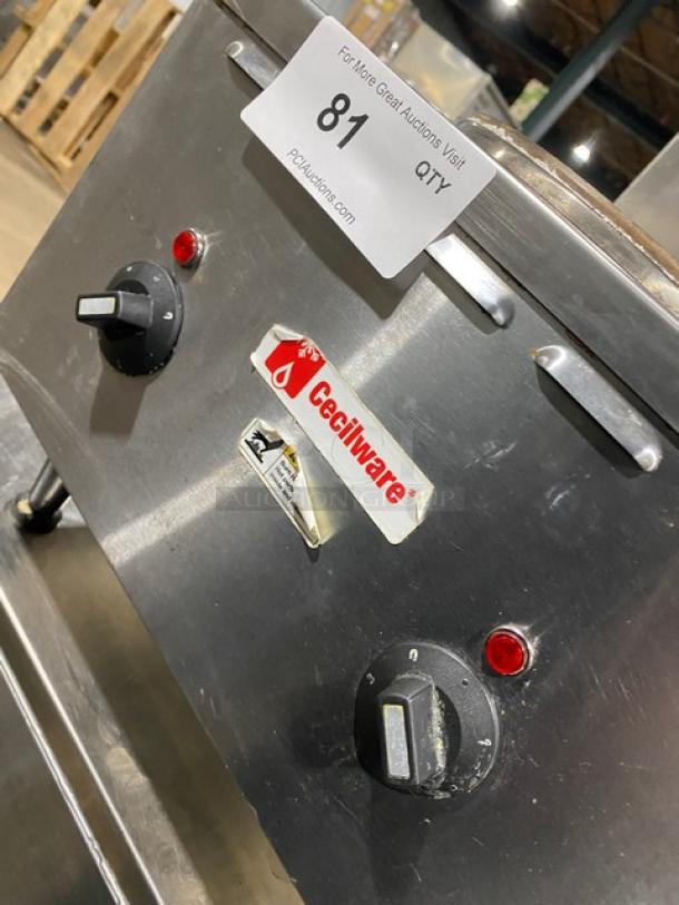 Cecilware stainless steel 2-burner hot plate, electric, countertop model, dual front-to-back, on legs, control knobs visible.