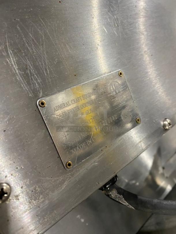 Adcraft DF6L2 stainless steel deep fat fryer, dual 6L capacity, knobbed lid, mesh basket, visible nameplate with model details.