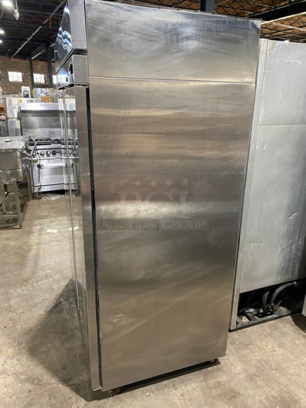 Hoshizaki 2-door stainless steel reach-in refrigerator, model R2A-FS, on casters, with poly-coated wire rack. 115V, 1 phase.
