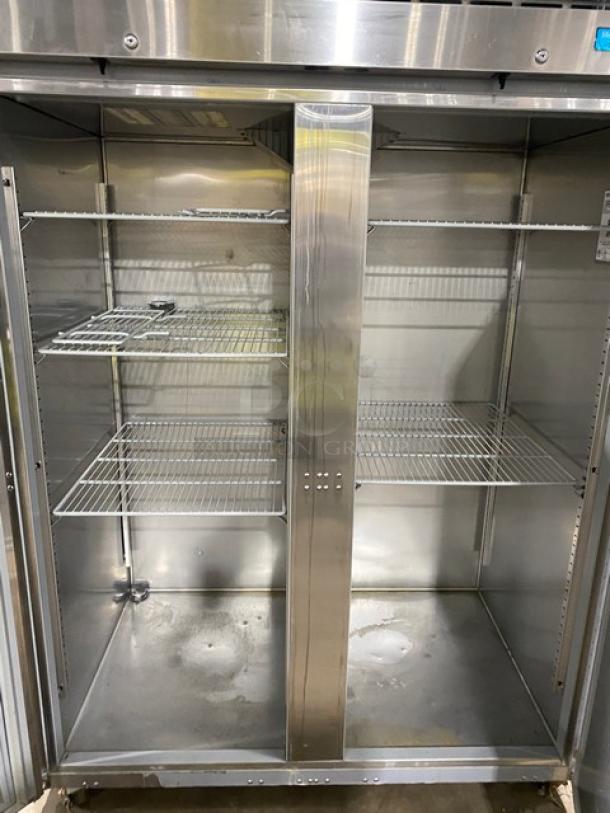 Hoshizaki R2A-FS commercial stainless steel 2-door reach-in refrigerator with poly-coated wire racks on casters, 115V.