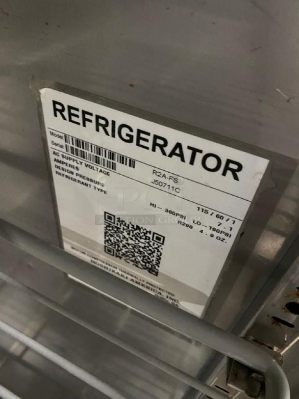 Hoshizaki R2A-FS commercial refrigerator tag with model, serial number J50711C, and electrical specifications.