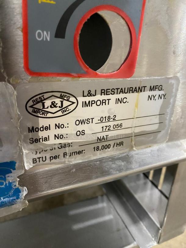 L&J Commercial Stainless Steel Single Burner Stock Pot Range, Model OWST0192. Serial Number 172056, Natural Gas, 18,000 BTU/hr, on Legs.