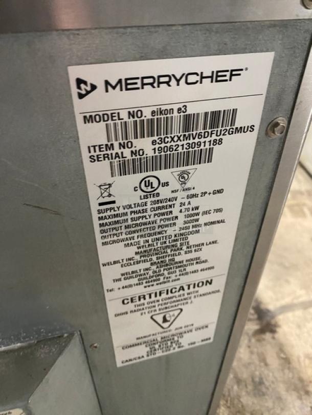MerryChef Eikon E3 rapid cook oven, 2019 model, stainless steel, EasyTouch touchscreen, serial 1906213091188, 208/240V.
