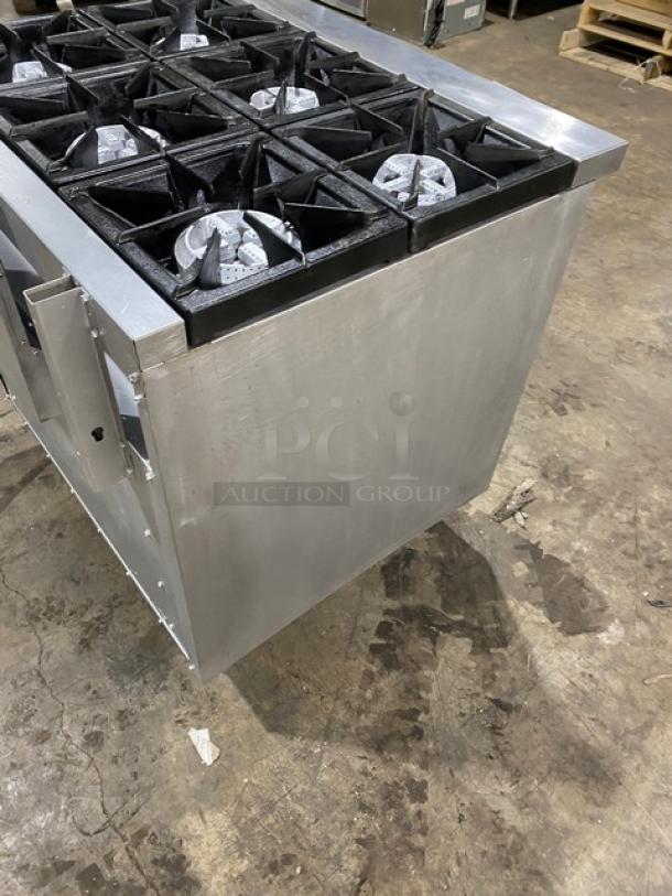 CPG Commercial Stainless Steel 36" 6-Burner Range/Oven Combo, Model 351S36N, natural gas, with wired oven rack, on legs.