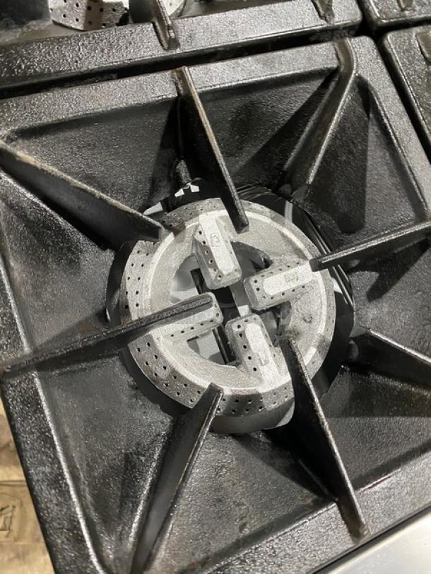 CPG Commercial Stainless Steel 6-Burner Range/Oven, Model 351S36N, natural gas, wired oven rack, on legs.