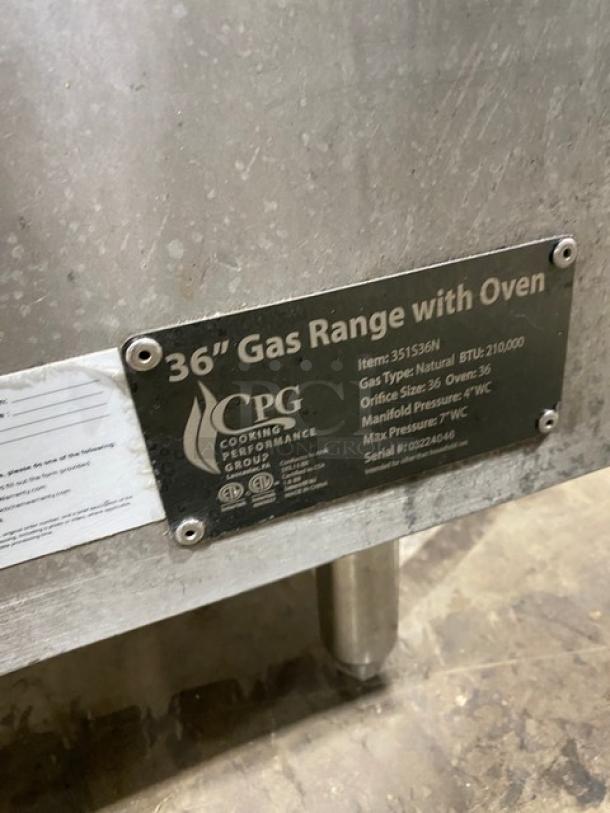 CPG 36" Stainless Steel 6-burner gas range/oven combo, Model 351S36N, SN: 03224046, with wired rack, on legs.