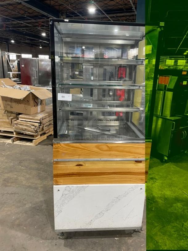 RPI Industries Vienna Series refrigerated meat display case, model VICD2-34-R-SQ-SC, stainless steel, multi-tier, on casters.