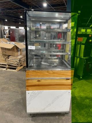 RPI Industries Vienna Series refrigerated meat display case, model VICD2-34-R-SQ-SC, stainless steel, multi-tier, on casters.