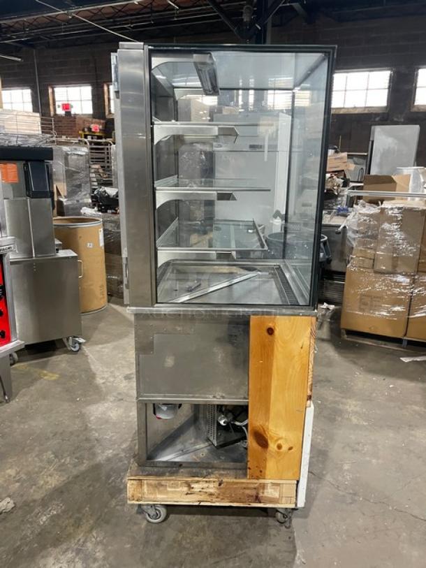 RPI Industries Vienna Series refrigerated merchandiser, model VICD234RSQSC, stainless steel, self-contained, multi-tier, on casters.